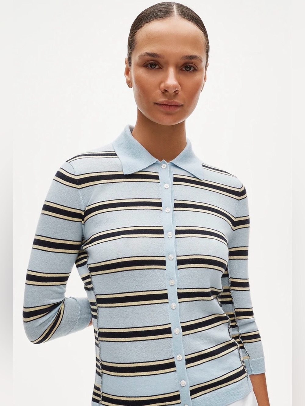 NWOT $150 XS J. CREW 2026 FEATHERWEIGHT 100% CASHMERE CARDIGAN DECO BLUE STRIPE - Picture 2 of 5